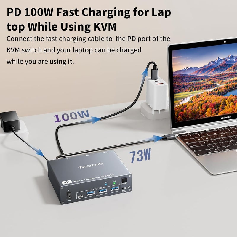 AOOCOO مفتاح KVM USB C 4K@60Hz، مفتاح USB C HDMI لشاشتين لمشاركة 1 كمبيوتر و 1 لابتوب مع 2 شاشة و 4 أجهزة USB3.0، طاقة PD للابتوب مع جهاز تحكم سلكي وكابلات USB متضمنة - Image 4